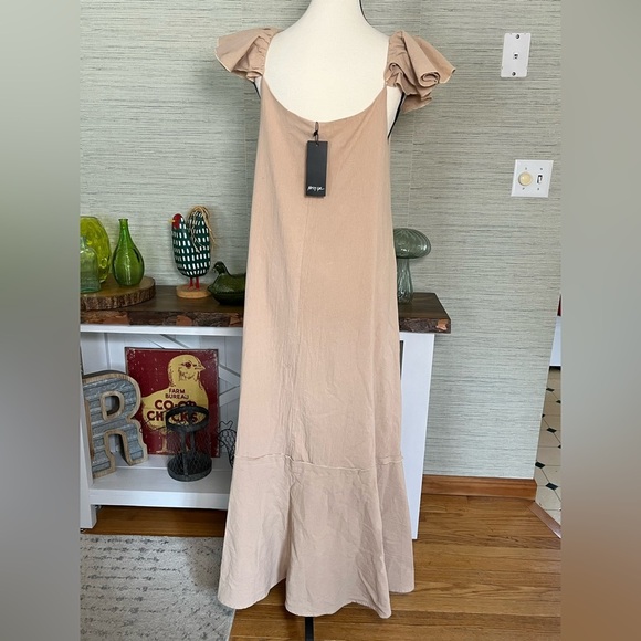 NWT Nasty Gal Ruffled Linen-Look Relaxed Maxi 100% Cotton Woman’s Size 2 Sand - Picture 3 of 9